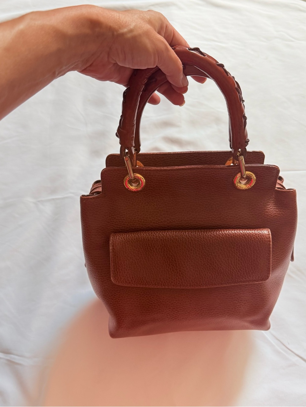 Vintage DESMO Brown Pebbled Leather Structured Top Handle Handbag Gold Hardware